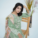A model wearing a mint green embroidered Eid dress with lace detailing and printed dupatta – Amzoclothing Summer Festive Collection 2025.