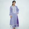 A model wearing Amzoclothing’s Cerulean Blue 3-piece embroidered lawn suit with white threadwork and ombre chiffon dupatta – Eid and summer festive wear 2025.