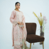 Model wearing rose pink embroidered cotton dress with cutwork neckline, organza sleeves, and heavy dupatta by Amzoclothing