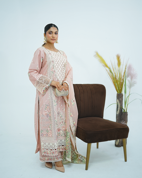 Model wearing rose pink embroidered cotton dress with cutwork neckline, organza sleeves, and heavy dupatta by Amzoclothing