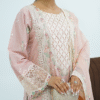 Model wearing rose pink embroidered cotton dress with cutwork neckline, organza sleeves, and heavy dupatta by Amzoclothing