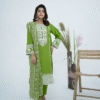 Lime green cotton embroidered dress with sequins and pearl detailing, paired with a printed viscose dupatta – Amzoclothing festive collection