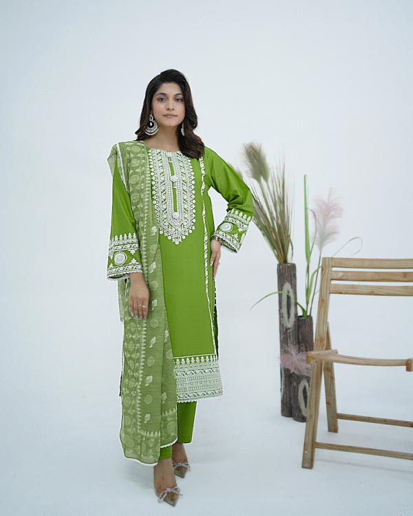 Lime green cotton embroidered dress with sequins and pearl detailing, paired with a printed viscose dupatta – Amzoclothing festive collection