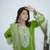 Lime green cotton embroidered dress with sequins and pearl detailing, paired with a printed viscose dupatta – Amzoclothing festive collection