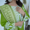 Lime green cotton embroidered dress with sequins and pearl detailing, paired with a printed viscose dupatta – Amzoclothing festive collection