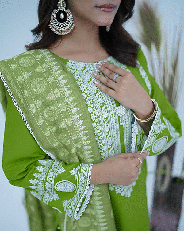 Lime green cotton embroidered dress with sequins and pearl detailing, paired with a printed viscose dupatta – Amzoclothing festive collection