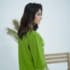 Lime green cotton embroidered dress with sequins and pearl detailing, paired with a printed viscose dupatta – Amzoclothing festive collection