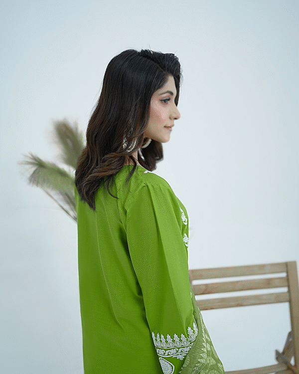 Lime green cotton embroidered dress with sequins and pearl detailing, paired with a printed viscose dupatta – Amzoclothing festive collection