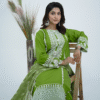 A model wearing lLime Twist - Luxury Stitched cotton embroidered dress with sequin and pearl detailing, paired with a printed viscose dupatta – Amzoclothing Festive Collection 2025.