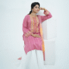 Model in pink embroidered lawn Eid dress with pearl details, white sharara pants, and printed net dupatta – Amzoclothing Eid 2025.