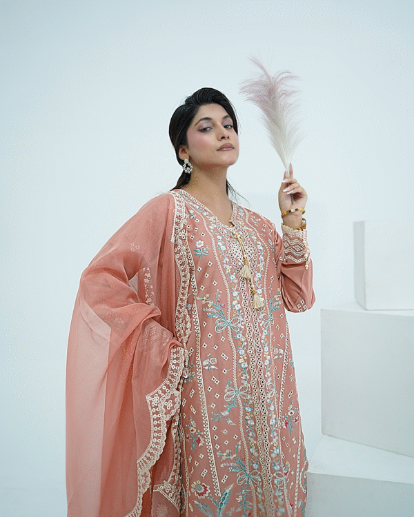 A model wearing a peach embroidered lawn Eid dress with intricate boring design and organza border, paired with a cotton net dupatta with embroidered borders – Amzoclothing festive collection.
