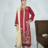 A model wearing a Maroon gold sequin embroidered festive shirt with masuri gold dupatta featuring traditional tassel hangings – Eid/wedding outfit by Amzoclothing.